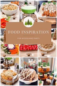 a collage of food and desserts with the words food inspiration for woodland party