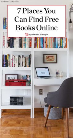 a white book shelf filled with books next to a chair and computer on top of it