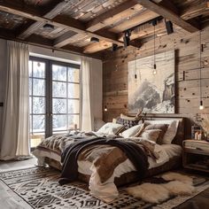 a bedroom with wooden walls and flooring