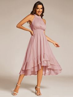 Sparkly High-Low Ruffle Halter Neck Wedding Guest Dress with Pleating #color_Dusty Rose Chiffon A Line Dress, Ruffle Hem, Halter Neck, Wedding Guest Dress, Wedding Guest, High Low, Knee Length, Champagne, High Waist