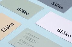 four different types of business cards with the words shake, stake, and slake on them