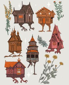 an assortment of houses and plants on a white background