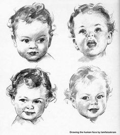 some drawings of babies'heads and their expressions are shown in this old fashioned drawing