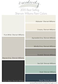 several shades of gray and white paint with the names of different colors on them, including one