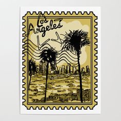 a postage stamp with the words los angeles on it and two palm trees in front