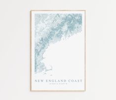 a poster with the words new england coast printed on it in blue and white ink