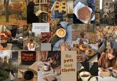 a collage of pictures with people eating and drinking coffee in the park, reading books