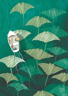 an illustration of a boat floating in the water surrounded by lily pads and green leaves