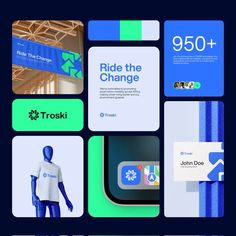 an image of various business cards with the words ride the change in blue and green