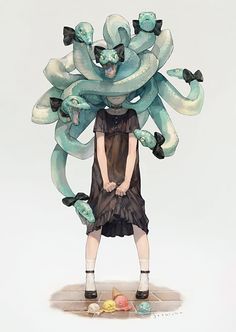 a woman standing in front of a bunch of blue bananas on top of her head