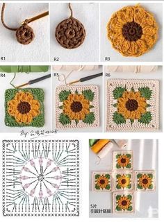 crochet sunflower coasters are shown with instructions to make them