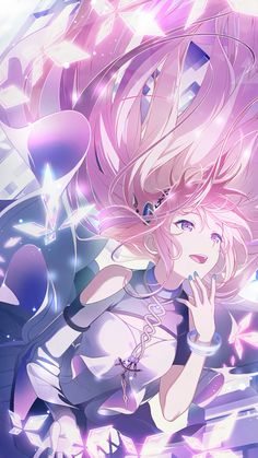 an anime character with pink hair and blue eyes, standing in front of purple stars