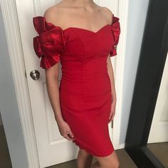 Vintage Valentine’s Day Cherry Satin Red Cocktail Dress Without Size Tag, Amazing Shoulder Bows! Waist 28” Top Of Zipper To Hem 27 1/4” Armpit To Armpit Across 17 1/2” Or 35 Bust Elegant Fitted Dresses With Red Bow, Red Knee-length Dress For Gala, Red Evening Dress With Bow, Red Evening Dress With Red Bow, Red Dress With Red Bow For Evening, Red Fitted Formal Dress, Cherry Red Dress, Red Cocktail, Red Cocktail Dress