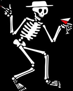 a skeleton holding a wine glass in it's right hand and wearing a hat