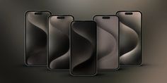 three iphones are lined up next to each other on a dark background with wavy lines