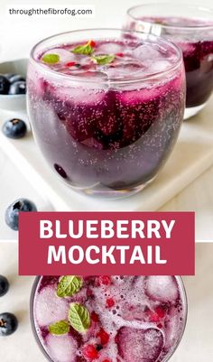 blueberry mocko cocktail in glasses with ice and mint garnish on the rim