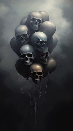 a bunch of skulls floating in the air with some balloons attached to their heads,