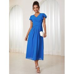 Season:Summer; Fabric:Chiffon; Gender:Women's; Style:Formal,Elegant; Occasion:Wedding,Party; Fit Type:Regular Fit; Dresses Type:A Line Dress,Wrap Dress; Pattern:Plain; Design:Ruched,Ruffle; Neckline:V Neck; Sleeve Type:Ruffle Sleeve; Brand:Shall We; Listing Date:06/20/2024; Bust:null; Length:null; Shoulder Width:null; Sleeve:null; Waist:null; Fit US Size:null; Fit UK Size:null; Fit EU Size:null; Dress Length Type:Midi Dress; Print Type:non-printing Bridesmaid Dresses Midi, Wedding Guest Cocktail Dress, Formal Wrap, Wedding Guest Dress Midi, Wrap Dress Midi, Chiffon Summer Dress, Women's A Line Dresses, Womens Wrap Dress, Blue Green Color