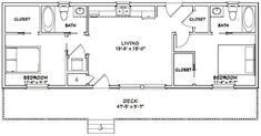 the floor plan for a two bedroom cabin with an attached bathroom and living room area