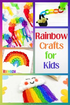 Examples of easy rainbow crafts for kids made with tissue paper, cotton balls, construction paper, and yarn in a rainbow of colors. Rainbow Crafts For Kids, Colorful Activities, Spring Arts And Crafts, Classroom Homeschool, Screen Free Activities, Rainbow Crafts, Fun Printables, Spring Art