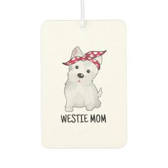 a white dog with a red bandana on it's head and the words westie mom