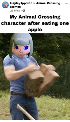 an animal crossing character after eating one apple in front of the caption that reads, my animal crossing character after eating one apple