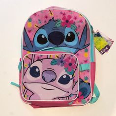 a pink backpack with an image of stitch and stitch on the front, sitting against a white background