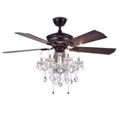 a ceiling fan with crystal chandelier hanging from it's center point,