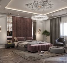 a bedroom with a bed, chair and chandelier in it's center