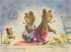 two teddy bears playing with each other in front of a rocking chair and another bear on the floor