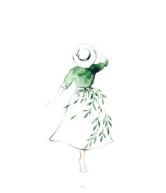 a watercolor drawing of a woman in a dress and hat with leaves on her skirt