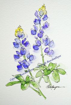 a watercolor painting of purple flowers with green leaves