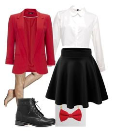 a woman in red jacket and black skirt with white shirt, bow tie and boots