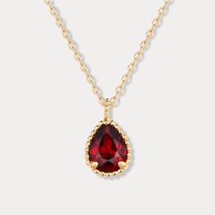 This Garnet Morning Dew Necklace is a luxurious piece crafted to perfection from gleaming gold set on a sleek silver base. Perfect for any occasion, this necklace is the ideal statement piece to elevate your look and add a touch of timeless elegance. An exquisite accessory for any wardrobe, the Garnet Morning Dew Necklace will easily become your go-to for day-to-day wear or special occasions. DETAILS Plating:  9 K Gold  Materials:  9 K Gold on Silver, Natural Mozambique Garnet Measurements :   L Formal Gold-plated Birthstone Necklace, Elegant Sterling Silver Birthstone Necklace With Adjustable Chain, Elegant Birthstone Necklace With Adjustable Chain In Sterling Silver, Elegant Teardrop Pendant Chain Necklace Gift, Elegant Sterling Silver Gemstone Chain Necklace, Formal Gold Plated Teardrop Necklaces, Classic Teardrop Pendant Jewelry, Tarnish Resistant, Elegant Drop Necklace With Tarnish Resistance, Elegant Drop Necklaces With Tarnish Resistant