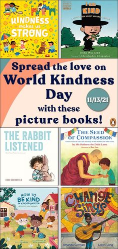 children's books with the title spread the love on world kindness day, and pictures