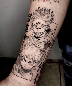 a person with a tattoo on their arm that has an image of two anime characters