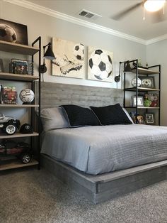 an advertisement for a bedroom with soccer balls on the headboard and bookshelves