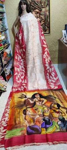 This design based on the Traditional Maa durga drawing art work mix colour work over the saree with two half color body work. With maa durga drawing work with sewliful(sewli flower) Feel the Original Murshidabadi/Bishnupu Silk, It comes with hand paint design by the artist, Every painting 🎨🖌dedicated to the nature story of Indian art, forest, trees, animals, and also the flavor of every culture expect of our Indian tradition, Not only the design the yarn cultivation to the processes of it's al Durga Drawing Art, Durga Drawing, Marriage Clothes, Saree Traditional, Nature Story, Mix Colour, Traditional Silk Saree, Shakti Goddess, Art Forest