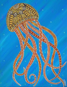 a painting of an orange and yellow jellyfish on blue water with swirly lines