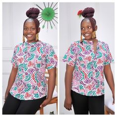 Purple Ankara African Print Top Blouse With Buttons, African Women Wears, Summer Blouse Top, African Tunic Top, African Shirt, Short Sleeve This beautifully crafted classy, easy-to-wear ankara top is made with 100% cotton African wax print floral fabric.  Features: - 100% Handmade - Short sleeve -Button  Buyers can request customization if the measurement is different from the standard.  Production takes 3-5 business days and delivery takes 3-5 business days in most countries. Standard Size Meas Multicolor V-neck Blouse For Work, Multicolor V-neck Workwear Blouse, Printed Short Sleeve Blouse For Work, Multicolor Printed Split Neck Top, Multicolor Printed Blouse With Collar, Multicolor Collar Blouse For Work, Multicolor Short Sleeve Work Shirt, Multicolor Short Sleeve Tops For Work, Ankara Tops Blouses With Jeans