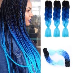 PRICES MAY VARY. 1.Hair Material:100% Kanekalon Synthetic Hair, Comfortable Wear，No Shedding or Reducing Colors. Heat Resistant,can do any model such as crochet twist. 2.Hair Color: The pictures of all products we sell are 100% in-kind shooting,ombre black to blue to light blue. 3.Hair Advantage: Do Not Fade, Easy to Crochet, Braid and Twist, Can Restyle It as You Like. 4.Hair Quantity: 3pcs/Lot, 95g-105g/Pcs. Fold Length 24 inch, 5-6pcs Can Make a Full Head. Kanekalon Braiding Hair Extensions, Blue Hair Extensions, Dyed Dreads, Braiding Hair Colors, Ombre Dreads, 2 Hair Color, Colored Box Braids, Kanekalon Braiding Hair, Jumbo Braiding Hair