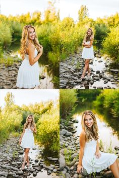 a beautiful young woman posing in front of some rocks and water with her hands on her hips