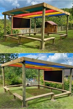 two different views of a wooden structure in the grass