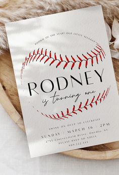 a baseball themed birthday party is shown with the name rodney by turning one on it