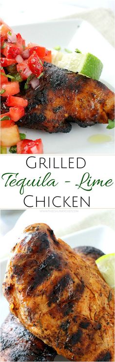 grilled chicken and vegetables on a white plate with the words grilled tequila - bone chicken