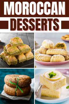 different types of desserts on plates with text overlay that reads moroccan desserts