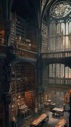 an old library with tables and bookshelves filled with books in the middle of it