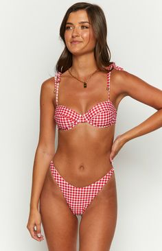 Red Gingham Bikini Bottoms  How to style: Our red gingham swim bottoms () are your next staple bikini for the Summer. Pair with the matching bikini top (), a basic tank and denim shorts () to throw over - the perfect ensemble for the beach or vacation!  Features: Fully lined Stretch material Lightweight fabric Red gingham print Pull on style Mid rise fit Slightly cheeky cut Made from recycled materials Beach Cover Up, Gingham Bathing Suit, Dress And Sandals, White Crochet Dress, Summer Bottoms, Summer Playsuit, Fabric Red, Beginning Boutique