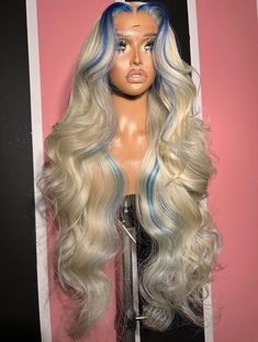 Blonde Wig With Color Streaks, Mermaid Wig Black Women, Birthday Wigs, Blonde And Blue Lace Wig, Wig Colors, Color Wigs, Cute Lace Front Wigs Blue, Custom Color Wigs Blue, Wig Color Ideas