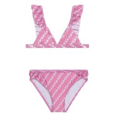 New With Tags - This Two-Piece Swimsuit Bikini Includes A Bikini Top With Ruffle Accents And Bottoms With Ruffle Accents In A Heart-Shaped Print. 78% Polyamide/22% Elastane. Lining: 90% Polyester/10% Elastane. - V-Neck - Ruffle Straps - Back Clasp Closure - All-Over Logo Print - Gold-Tone Hardware - Machine Wash Size: 4 Years Beachwear Swimwear With Triangle Top For Play, Pink Beachwear Sets For Swimming, Pink Swimming Sets For Beachwear, Pink Beachwear Sets For Pool, Playful Pink Pool Sets, Playful White Pool Sets, Playful White Poolside Sets, Chloe Kids, 2 Piece Swimsuits